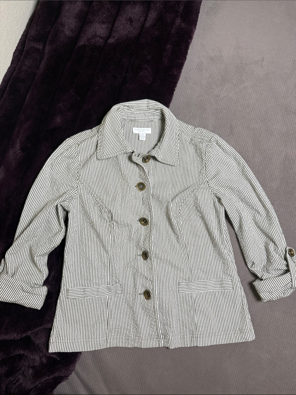 Charter Club Petite Striped Cotton Jacket White and Olive Decorative Buttons